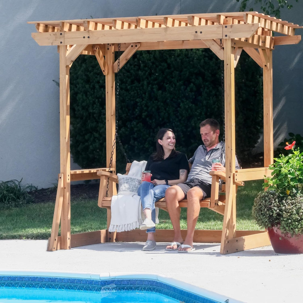 8' x 5' Cedar Wood Outdoor Patio Pergola Swing Bench with Trellis, Two-Person Seating, Chains