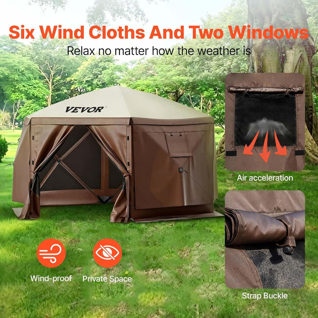 Camping Gazebo Screen Tent, 12x12ft, Brown/Beige | 6 Sided Pop-up Canopy, Mesh Windows, Portable Carry Bag & Stakes