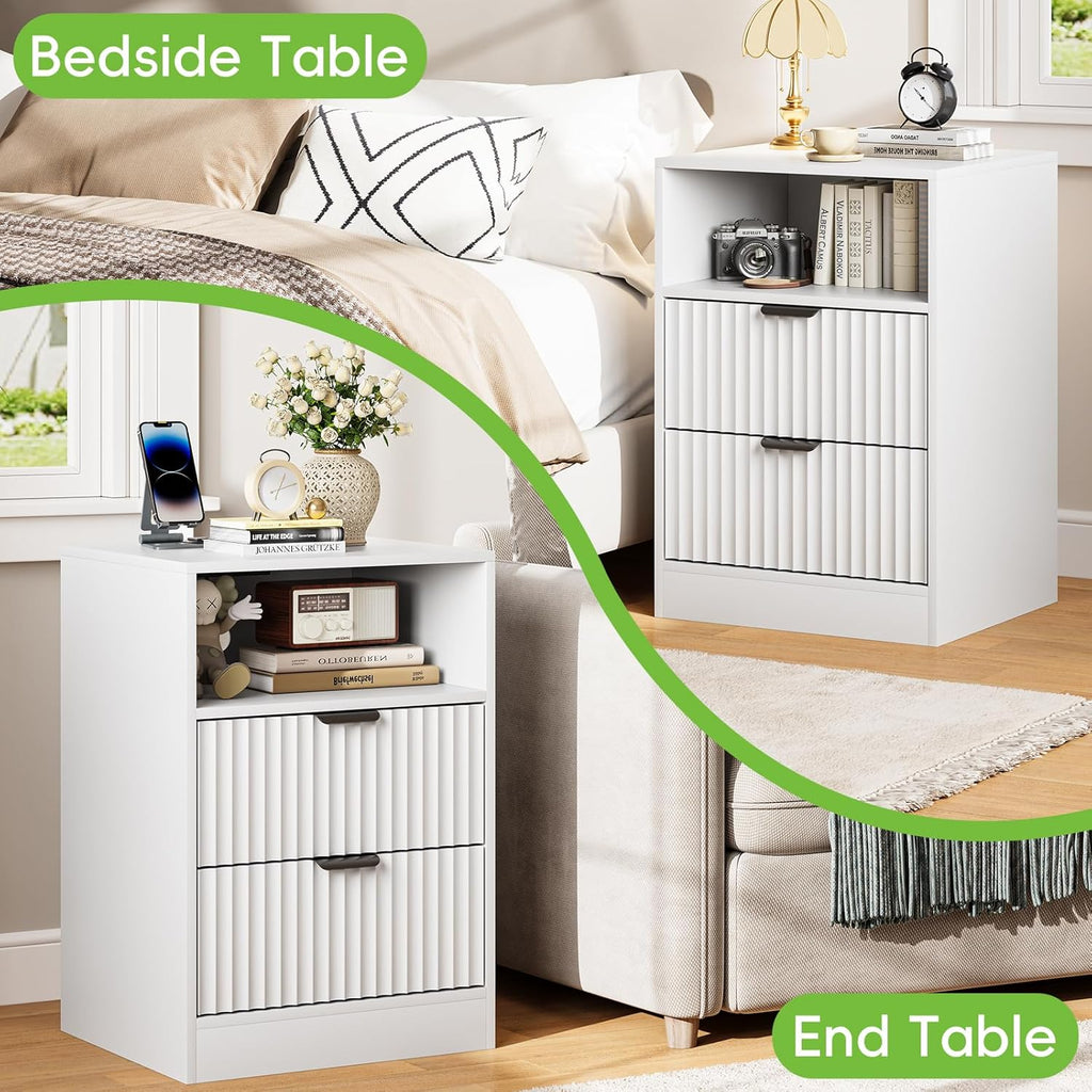 White Night Stand Set 2, LED Nightstand with Charging Station, Fluted Nightstands Set of 2 with 2 Drawers, Wood Side