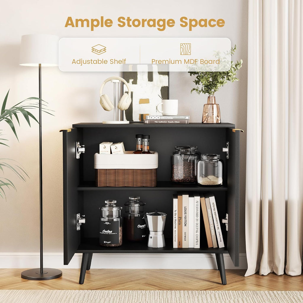 Black Fluted Buffet Cabinet, Free Standing Sideboard with Storage, Wood Accent Cabinet with Doors & Shelf, Modern