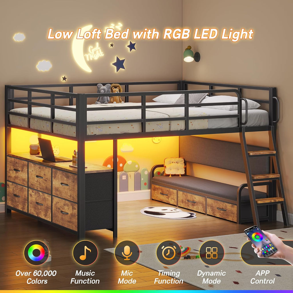 Full Low Loft Bed with Desk,Full Bed Frame with 9 Storage Drawers