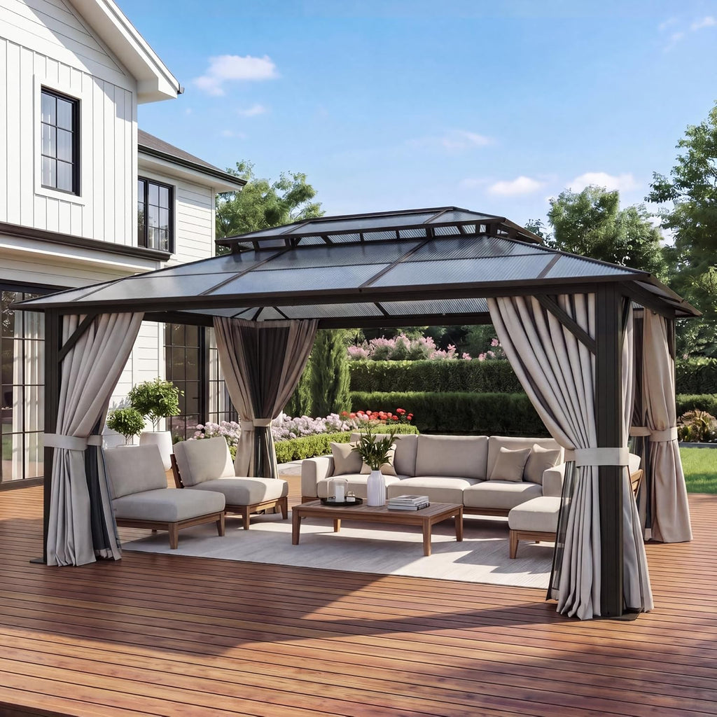 10'x12' Hardtop Gazebo Outdoor Permanent Gazebo with Double Polycarbonate Roof Canopy