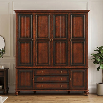 Solid Wood 4 Door Wardrobe Armoire,Vintage Cherry Finish
