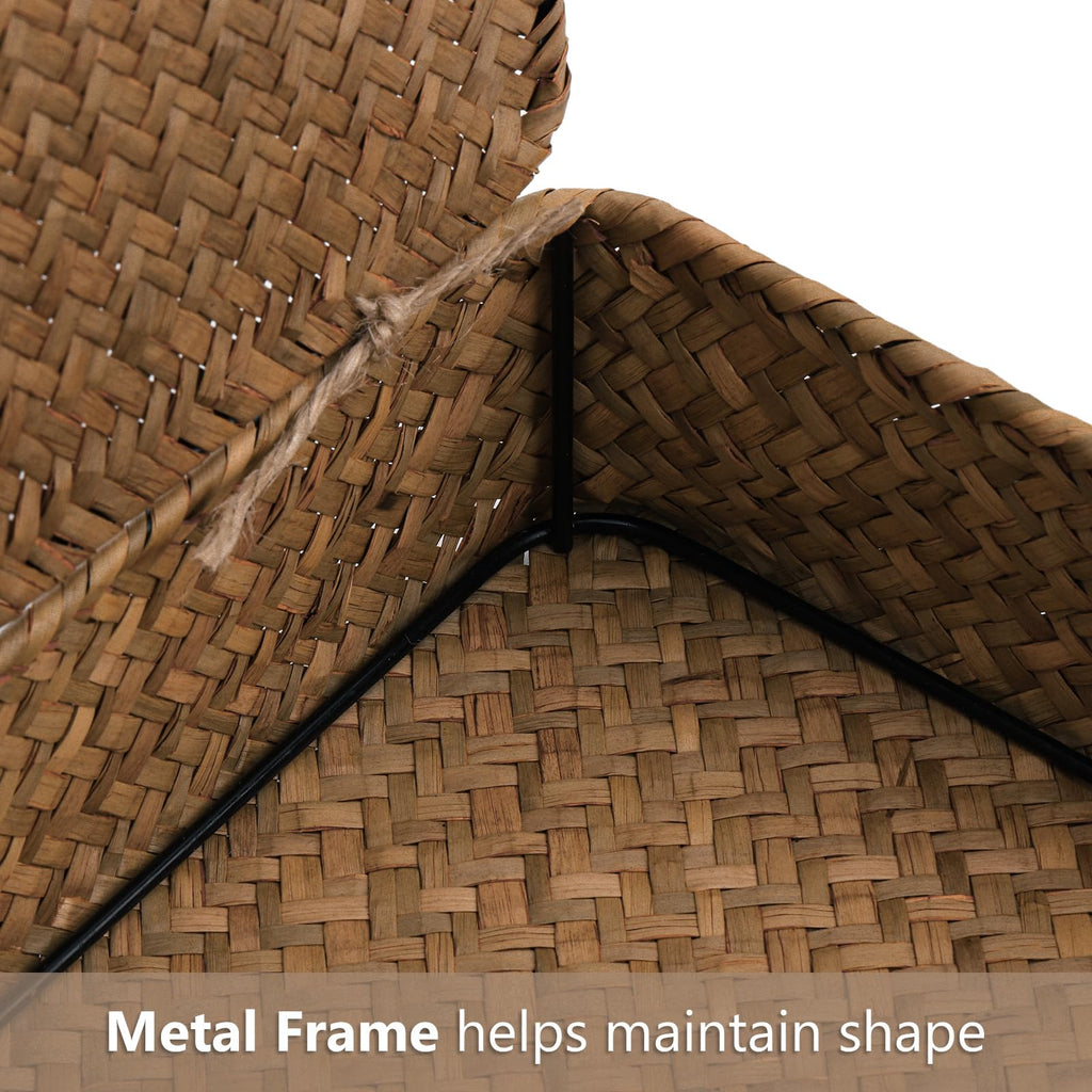 2 Pack Flat Wicker Woven Storage Bins with Lid and Wood Toggle, Natural Handmade Seagrass Basket Set, Rattan