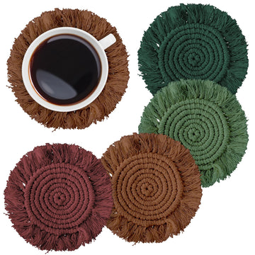 4 Pcs Fall Boho Macrame Coasters Handmade Woven Drink Coasters Autumn Thanksgiving Farmhouse Rustic Cup Mat Pad