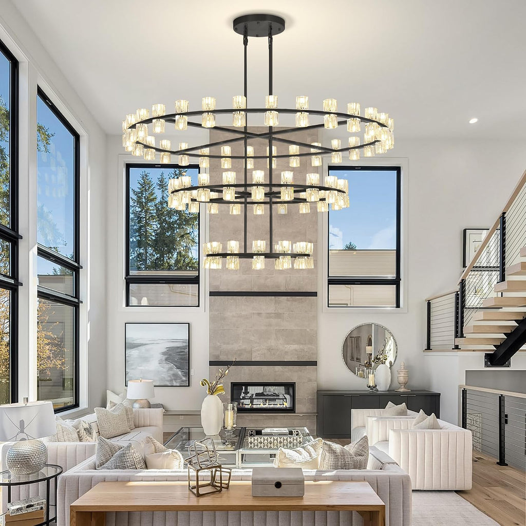 Inspired Arcachon Style 3-Tier Round Wagon Wheel Chandelier, 24" + 40" + 59" 124-Light Black — Grand Foyer & High Ceilings