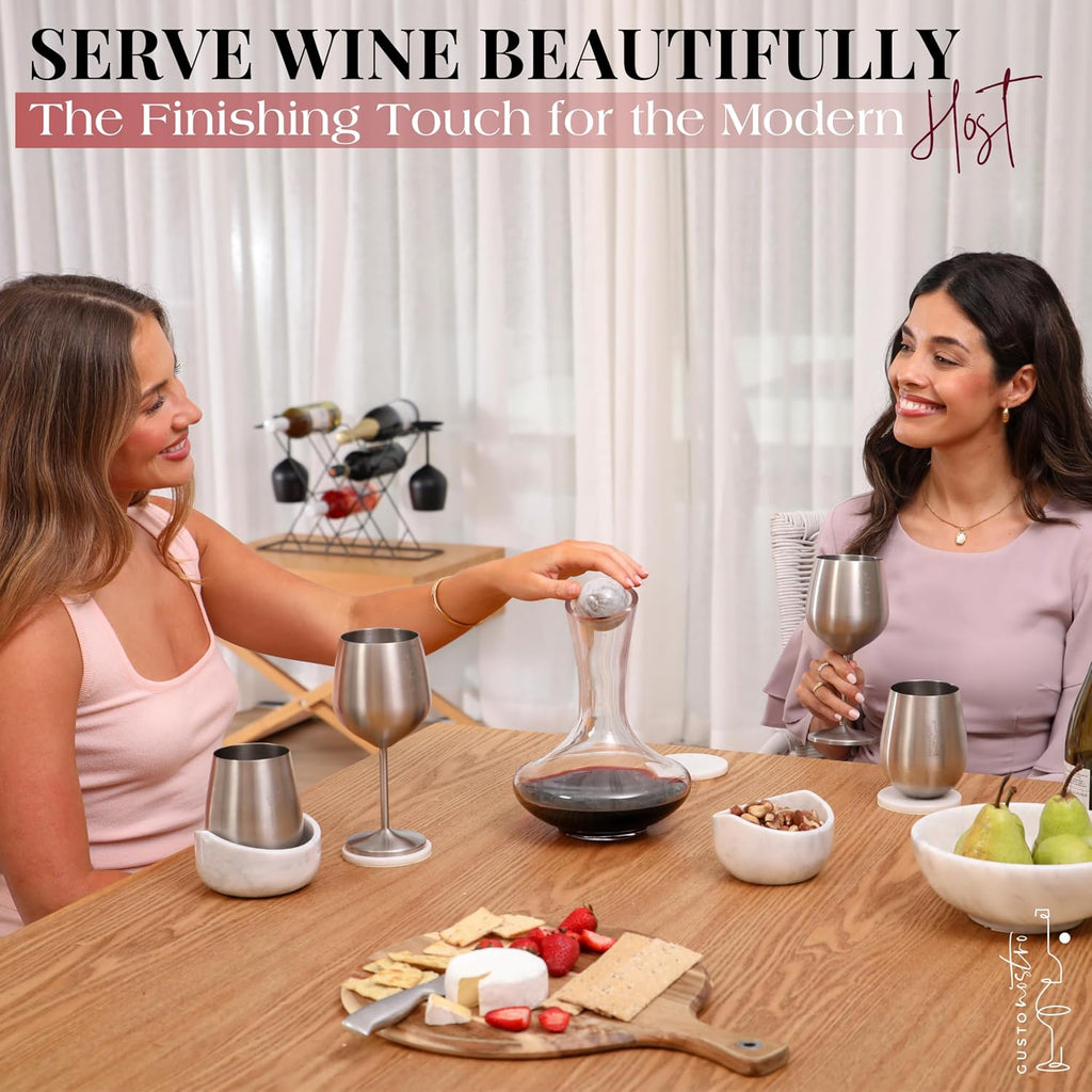Crystal Wine Decanter Set with Drying Stand, Corkscrew, Marble Stopper, Cleaning Beads - 750ml Hand Blown Glass Wine