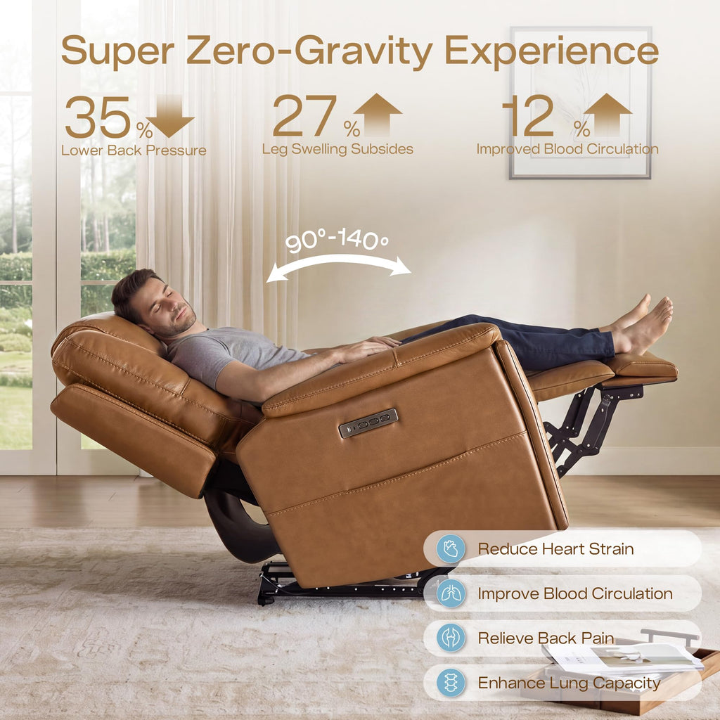 Power Recliner Chair Oversized Genuine Leather, Saddle