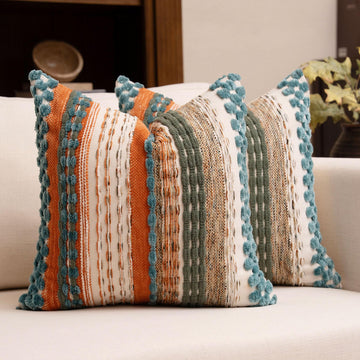 Boho Chenille Tufted Throw Pillow Covers 18x18 Inch Set of 2 Farmhouse Rust Teal Woven Striped Decorative Pillowcases