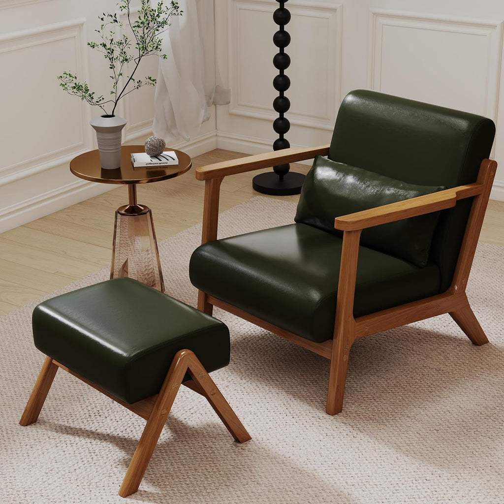 Modern Lounge Chair and Ottoman — Green Faux Leather