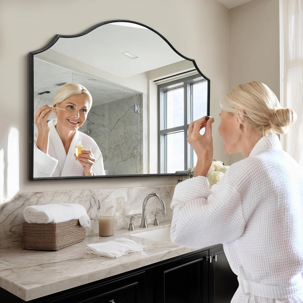 Black Scalloped Wall Mirror: 40"x29" Large Modern Wooden Arched Dresser Mirror - Minimalist Fireplace Mirrors