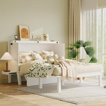 Queen Murphy Bed with Slide-Out Nightstand Shelves on Each Side & USB Port, 2-in-1 Foldable Bed Desk Wood MDF Murphy