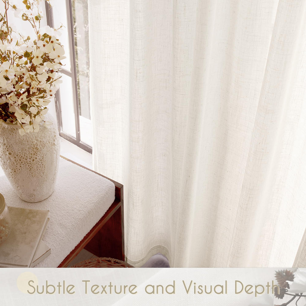 2 Panels Set Cream Linen Curtains 108 Inches Long Neutral Rustic Farmhouse Light Filtering Semi Sheer Linen Drapes