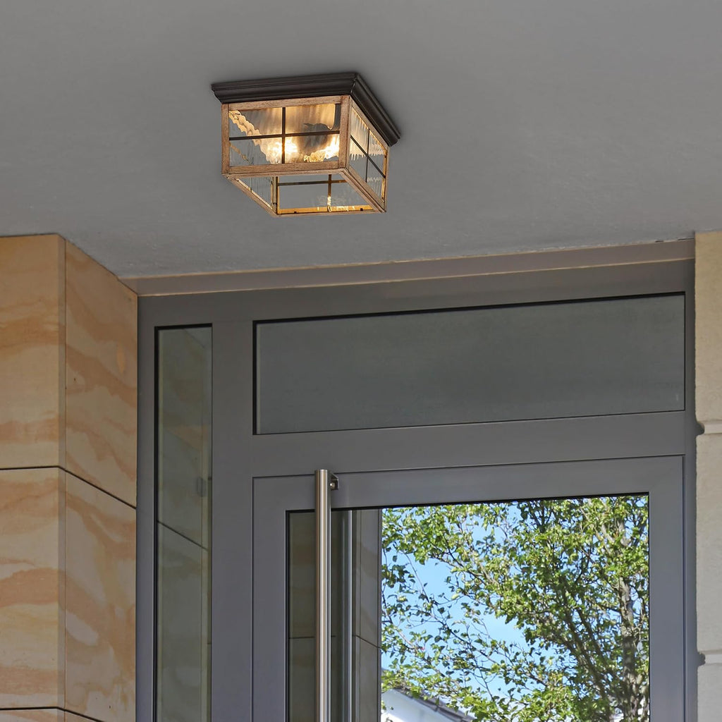 Outdoor Flush Mount Ceiling Light Fixture, Wood Grain, 2-Light | Water Glass, Square Farmhouse, Porch or Patio Light