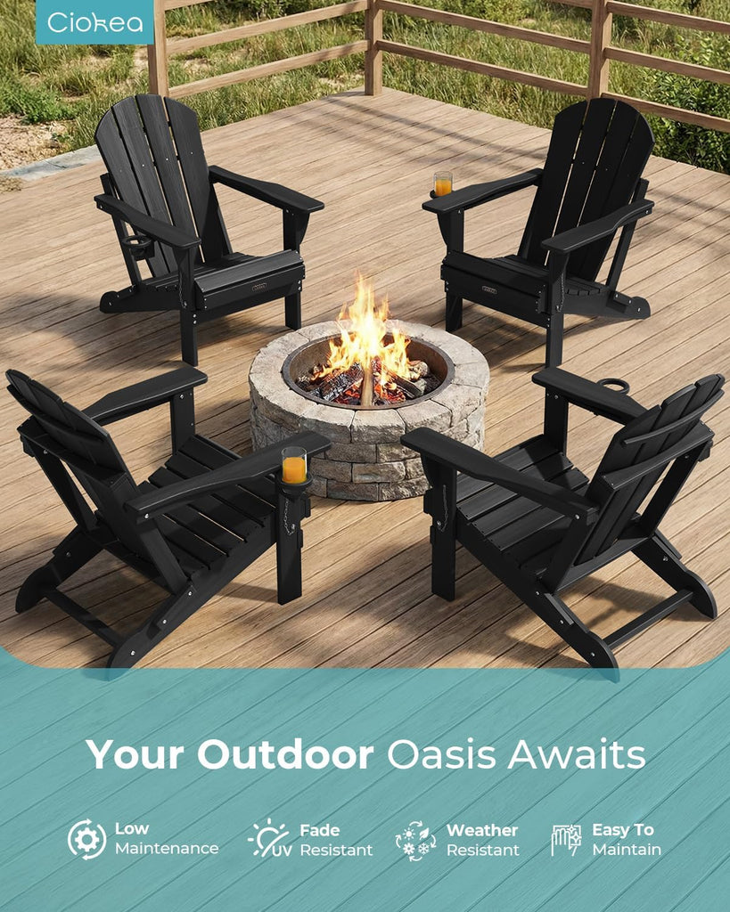 Folding Adirondack Chair Wood Texture , Weather Resistant, Plastic Fire Pit Chair with Cup Holder, Lawn Chair for