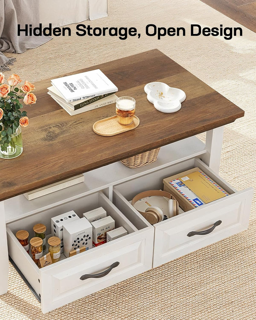 Farmhouse Coffee Table with Storage, 39.4" Wood Coffee Table, Rustic Center Table with 2 Drawers, Open Display Area