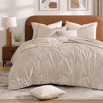 Tan Gingham Comforter Set Queen, Brown Checkered Grid Plaid Bedding - Set of 3