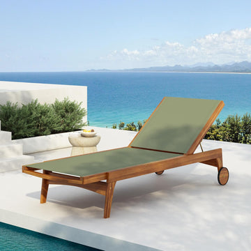 Chaise Lounge Chair Outdoor, Acacia Wood Frame Sunbathing Pool Lounger, Adjustable Backrest Single Lounge