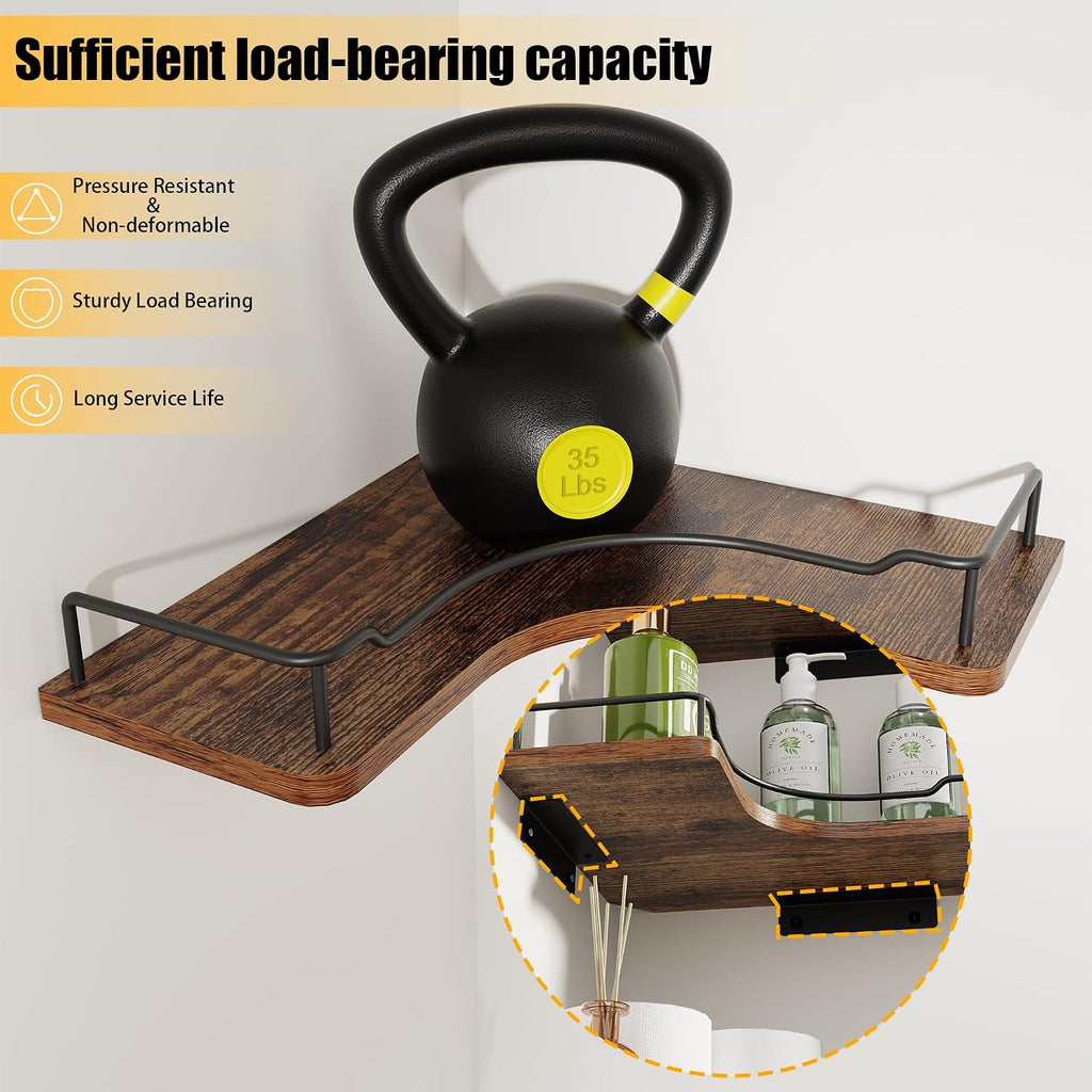 L-Shaped Corner Floating Shelves Set of 3,Rustic Wood Wall Mounted Storage Shelves,Display Shelf (Brown)