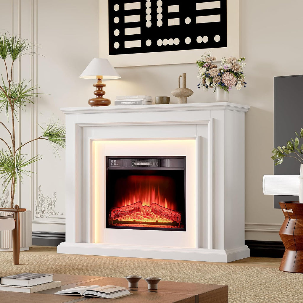 44" LED Lights Electric Fireplace with Mantel, Freestanding Entertainment Center Tv Stand with Fire Place Insert for Living Room, White