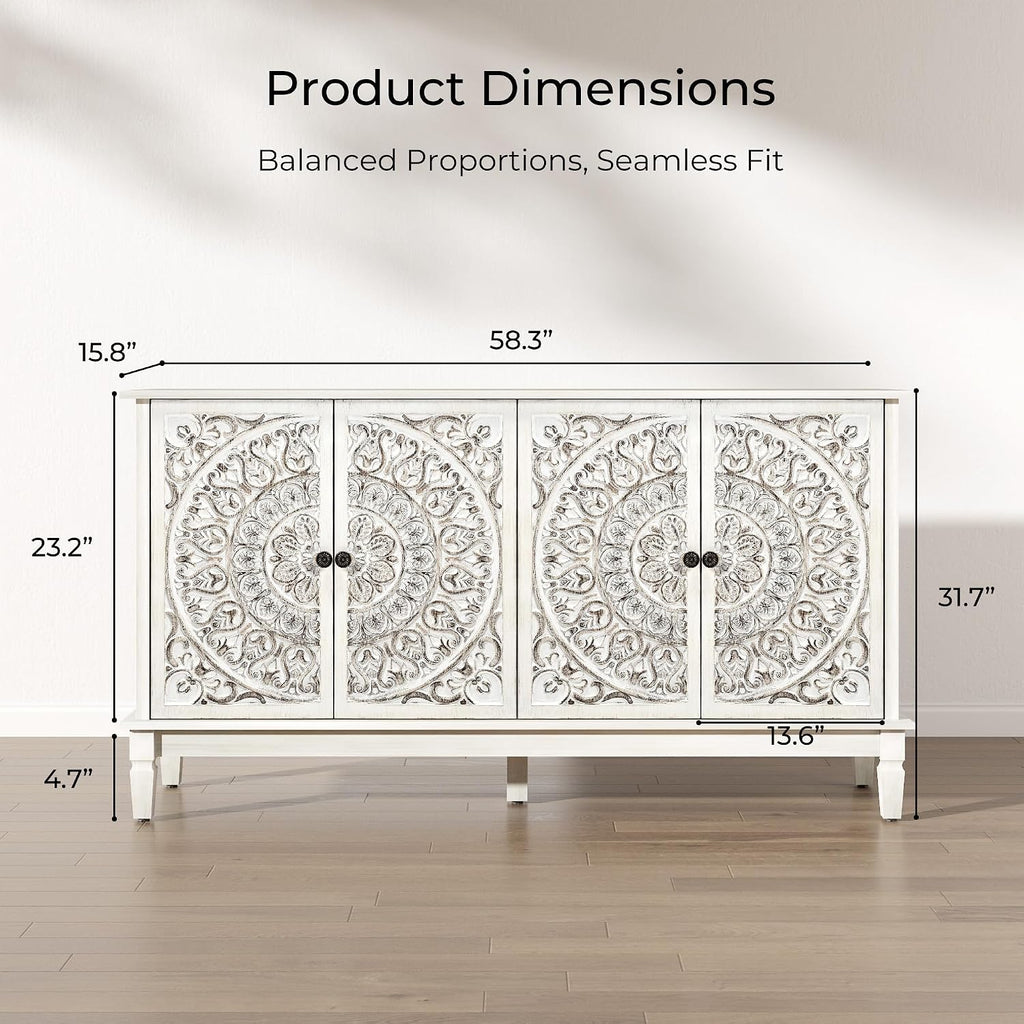 Buffet Cabinet with Storage, Accent Cabinet with 4 Carved Doors, Solid Wood Sideboard with Adjustable Shelf, Vintage