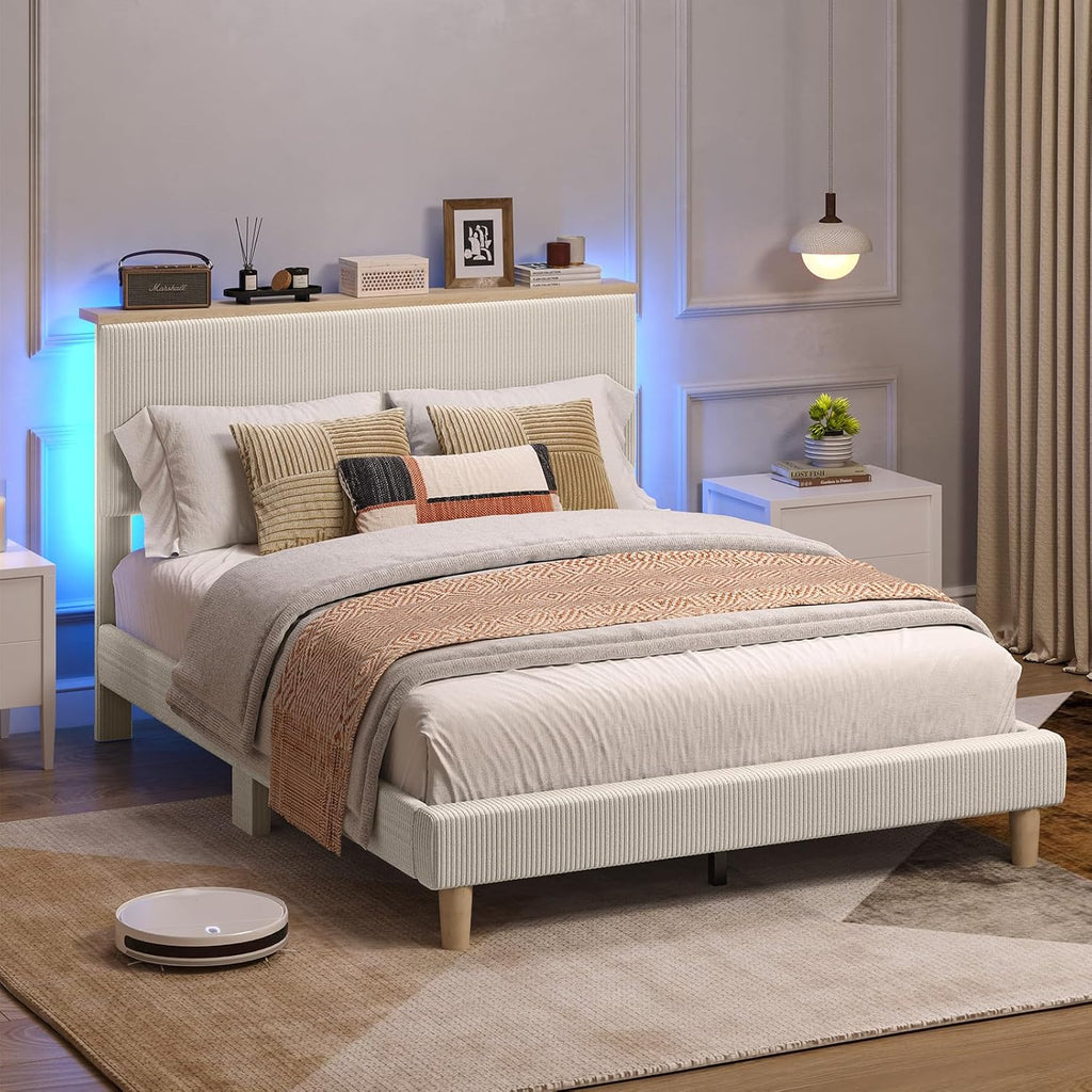 Queen Bed Frame with Adjustable Headboard & LEDLighting, Corduroy Upholstered Platform Bed Frame withStorage Shelf