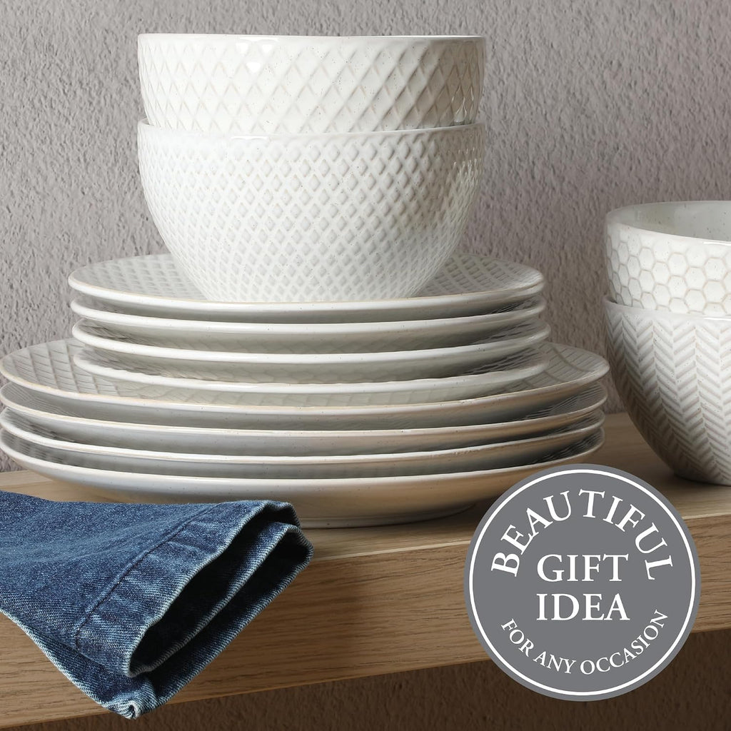 Oyster Tide Embossed 12 Piece (Service for 4) Plates and Bowls Reactive Glaze Round Dishes Stoneware Ceramic