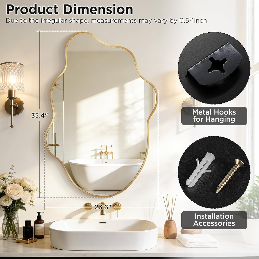 Gold Mirror Irregular Wall Mirror, Asymmetrical Mirror, Irregular Bathroom Mirror, Decorative Wall Mirror, Wavy