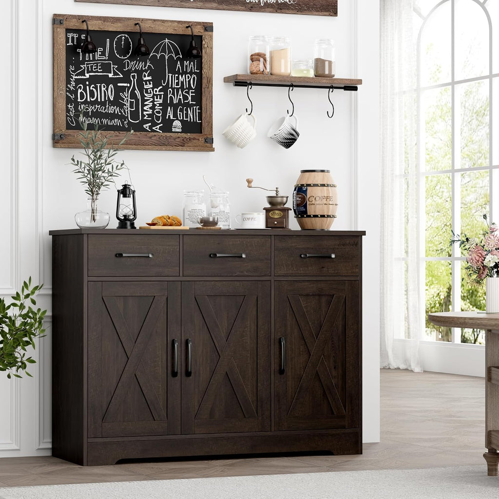 Kitchen Buffet Cabinet with Storage, Sideboard Coffee Bar, Brown | Farmhouse Kitchen Storage Cabinet with 3 Drawers &