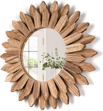 Wall Mirror Decorative 12 inch Rustic Wood Mirror Sunburst Boho Mirror Bedroom Living Room Bathroom House Warming