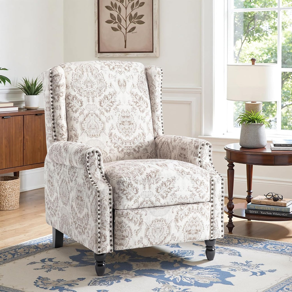 Wingback Floral Pushback Recliner Chair, Beige, Set of 1 | Cotton Linen Fabric | High-Density Foam Seat | Solid Wood