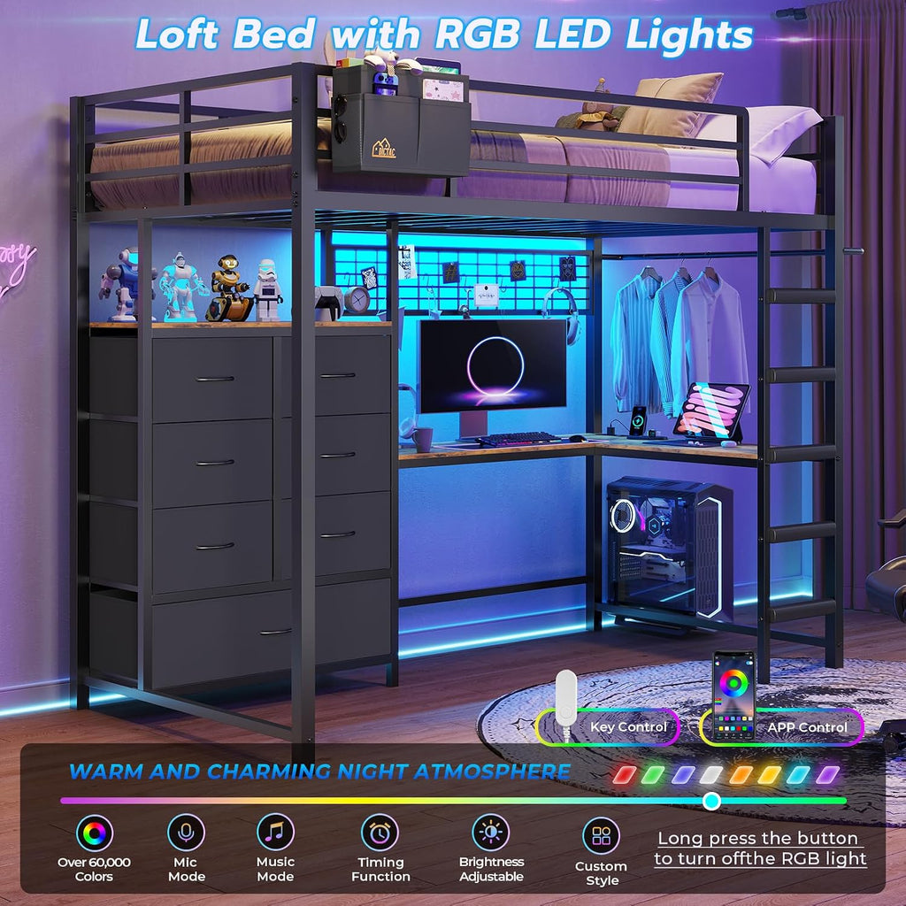Twin Loft Bed with L-Shaped Desk and 7 Storage Drawers,Metal Twin Loft Bed for Kids with LED Lights and Charging