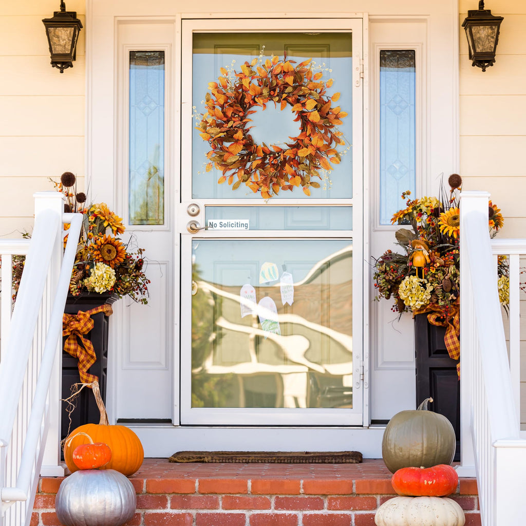 Artificial Fall Wreath 21'' Autumn Front Door Wreath with Fall Leaves Small Pumpkins Cluster of Berries for Outside