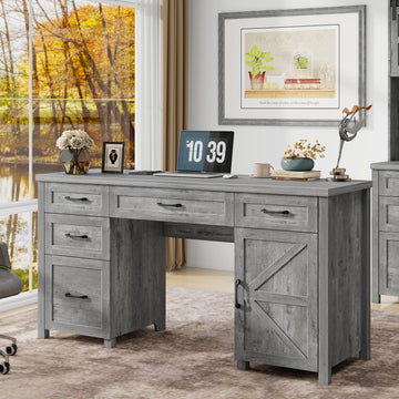 Farmhouse 61'' Executive Desk with 5 Drawers, Rustic Office Desk Computer Desk with File Drawers and Storage Cabinet