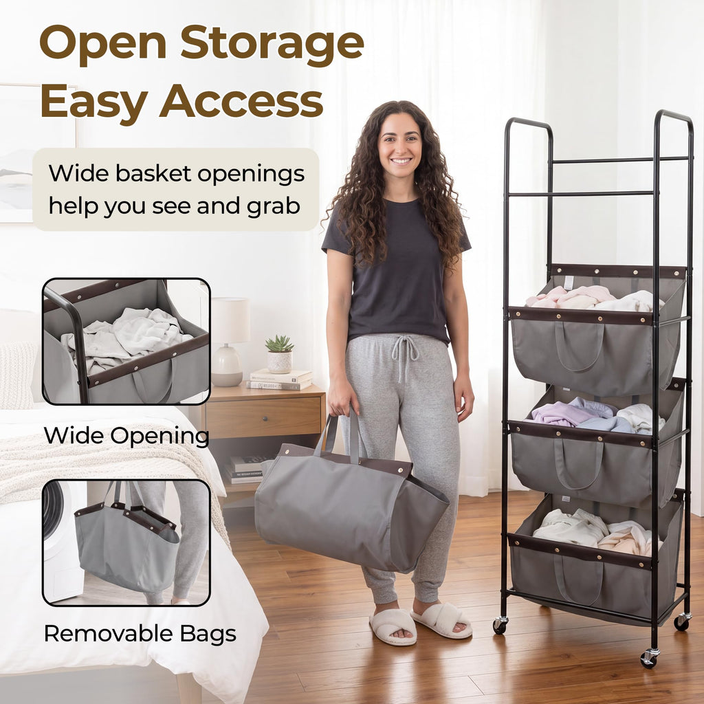 4 Tier Laundry Hamper with Wheels and Removable Bags, Grey