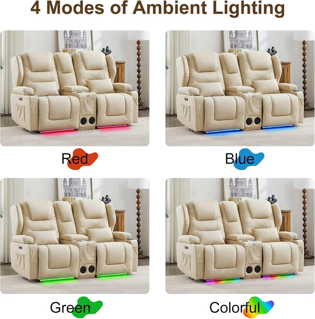 RV Power Loveseat Recliner Sofa, Leathaire Fabric Wall Hugger Reclining Loveseat with Console and Cup Holders