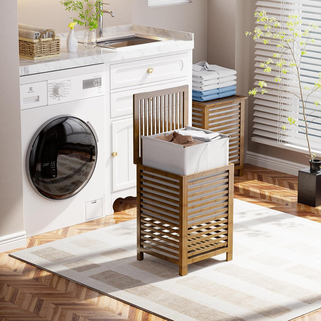 Double Laundry Hamper with Lid, 120L Bamboo Laundry Basket with Removable Liner Bag, 2-Section Clothes Divider