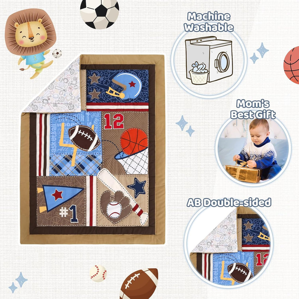 Sports Mini Crib Bedding Set Boys Brown 3PCs Mini Crib Comforter Set Basketball Baseball Rugby Nursery Bedding Sets