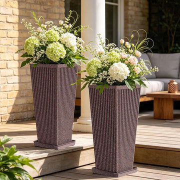 Square Tall Planters for Outdoor Plants with Tray - 24" Brown 2Pack | Weather-Resistant Plastics HDPE, Stone & Fluted