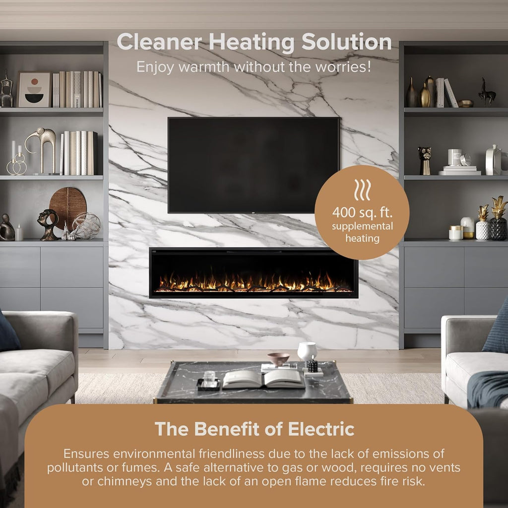 Modern Ember Aerus 72 Inch Smart Linear Electric Fireplace | Recessed in-Wall or Wall-Mount | LED Multiple Flame