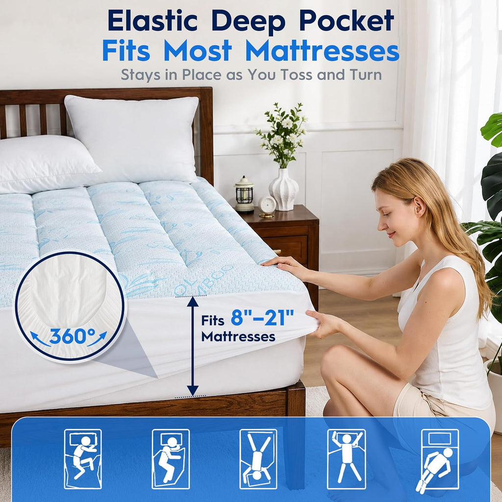 Waterproof Mattress Pad Full Size, Cooling Mattress Protector for Hot Sleepers Made with Bamboo Viscose, Cloud-Soft