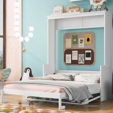 Queen Murphy Bed with Desk, Wood Hideaway Wall Bed Cabinet with Storage Shelves, Space-Saving Vertical Murphy Bed