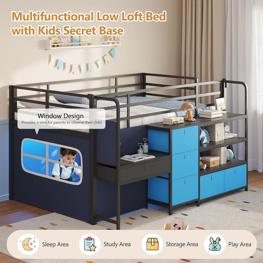 Low Loft Bed with Desk and 6 Storage Drawers Twin Loft Bed with Bookshelf,LED Lights & Under-Bed Play Space,Kids Twin