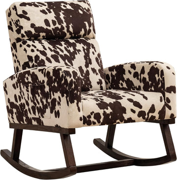 Nursery Rocking Chairs, Cow Printed Fabric Glider Chair Nursery Chair for Mom with High Backrest, Side Pocket and