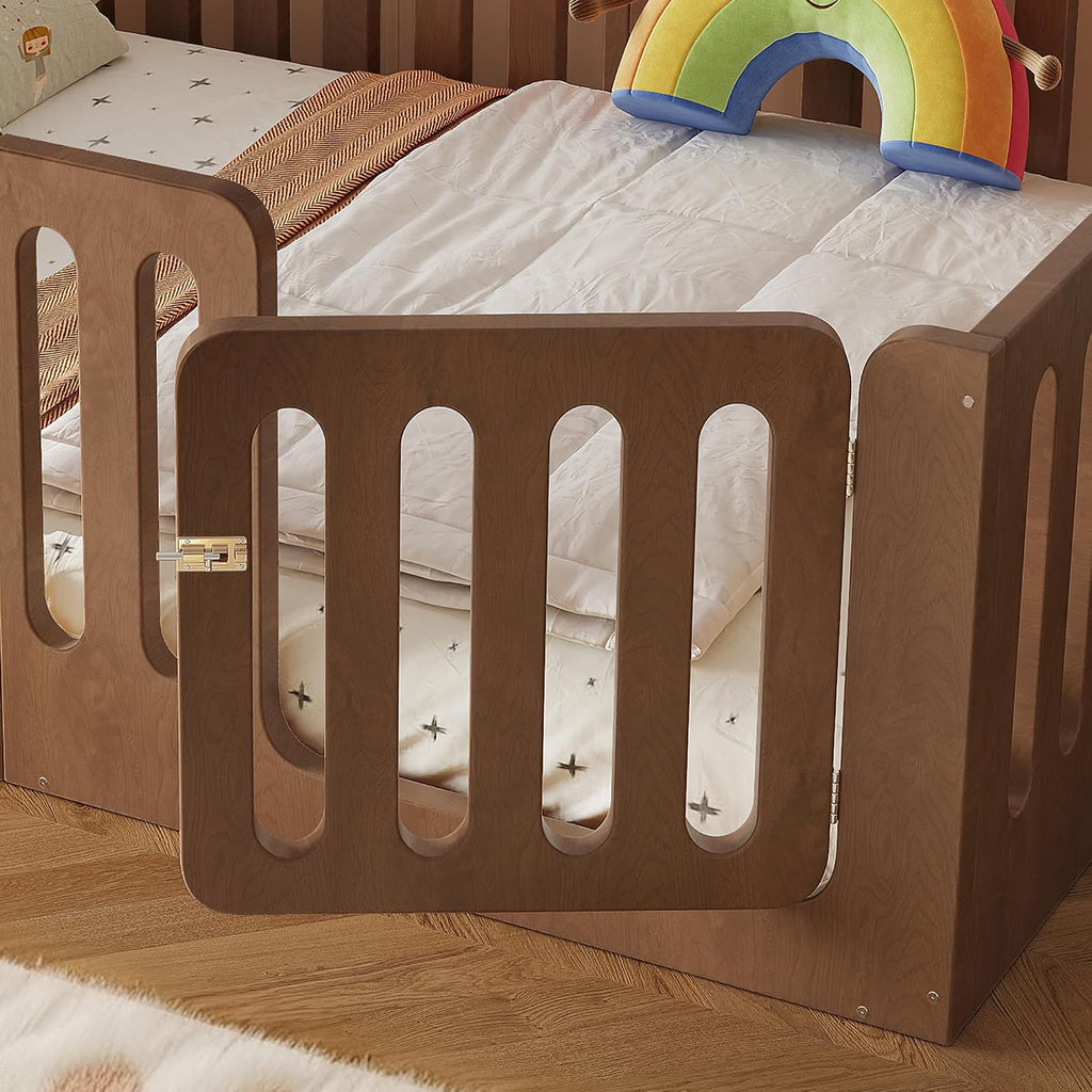 Full Size Wood Montessori Floor Bed Frame with High Fence, Natural | Modern Style Low-Profile Design Floor Bed with