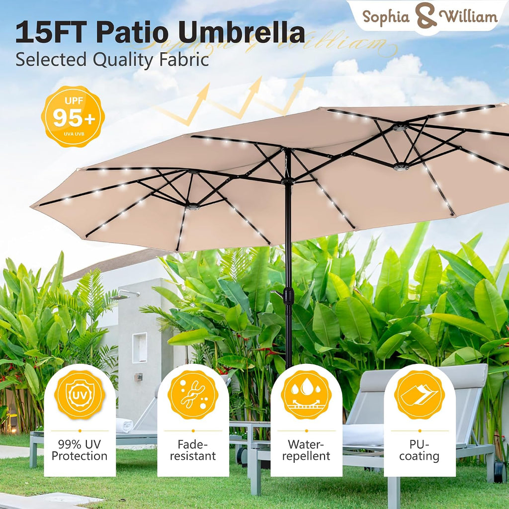 15ft Extra Large Outdoor Patio Umbrella with Solar Lights & Base, Beige | Rectangular Outdoor Umbrella