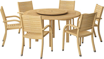 Powell 7-Piece Wood Patio Dining Set | Round Eucalyptus Table with Lazy Susan | Ideal for Outdoors