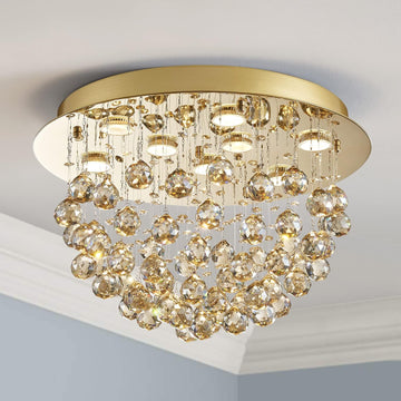 9-Lights Modern K9 Crystal Chandelier Light Fixture,Flush Mount Ceiling Light_ Perfect for Bedroom, Dining Room, Living Room, H13 x D20, Champagne Crystal & Gold Canopy