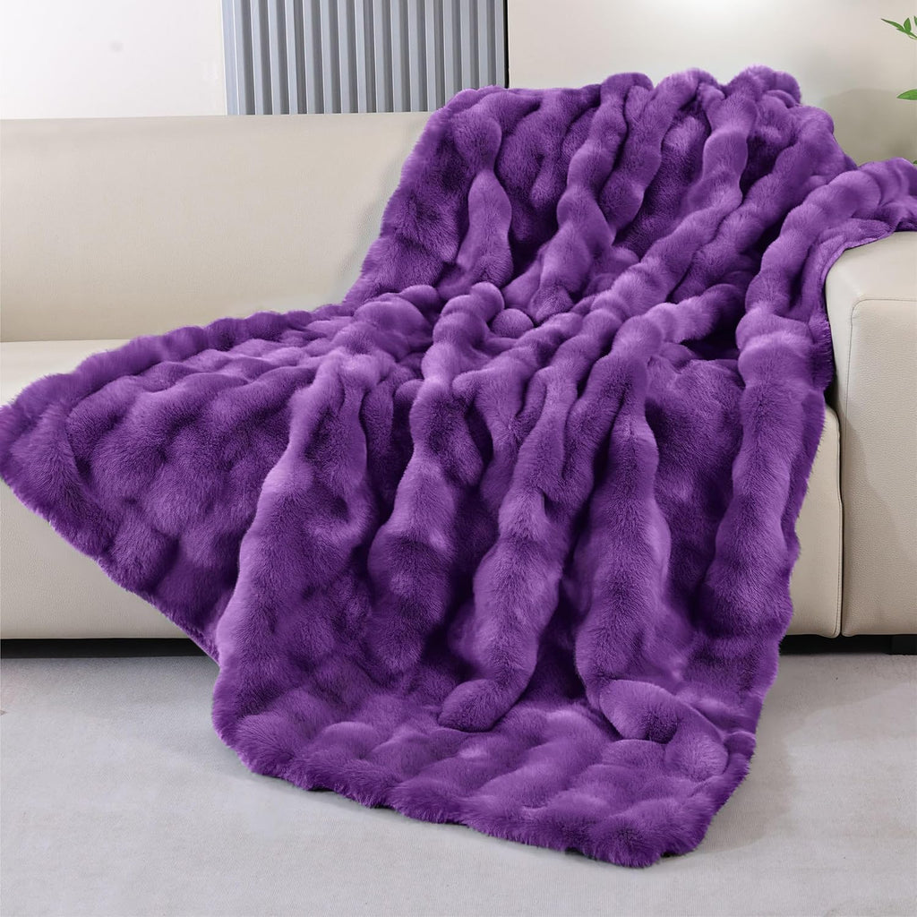 Purple Faux Fur Throw Blanket for Couch, Double-Sided Bubble Textured Plush Blanket with Soft Flannel Back