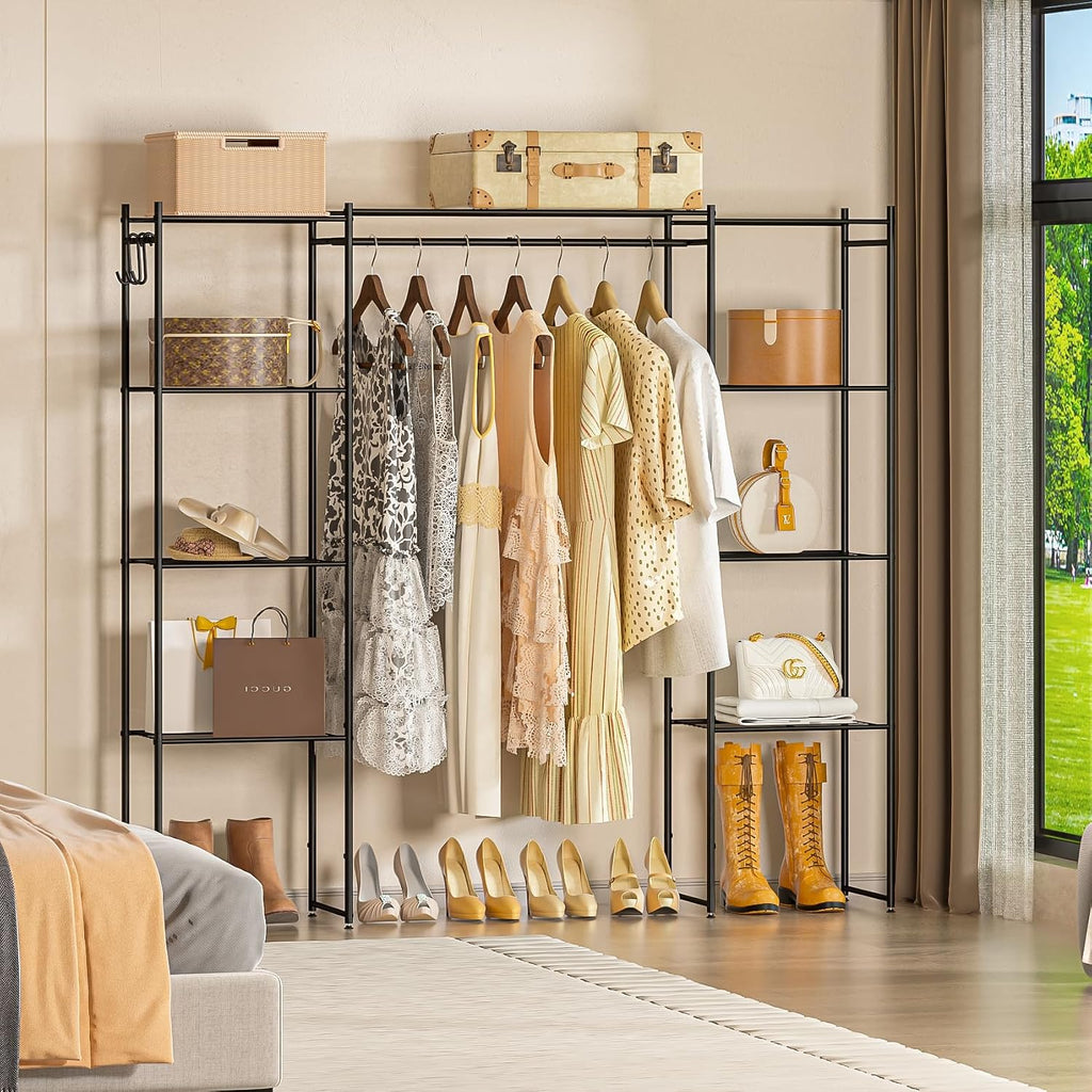 Portable Closet Wardrobe, Metal Clothing Rack with 8 Shelves & 1 Hang Rod, Free Standing Closet Rack for Hanging